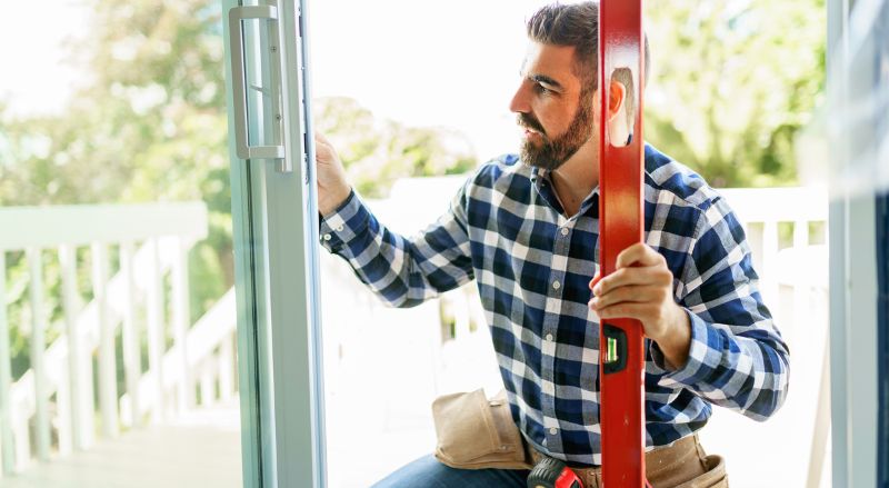 un professionnel vitrier muni d une regle en train de verifier le joint d une baie vitree coulissante