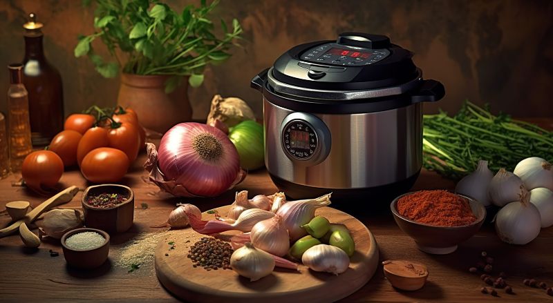 robot moulinex cookeo sur un plan de travail avec des aliments appetissants