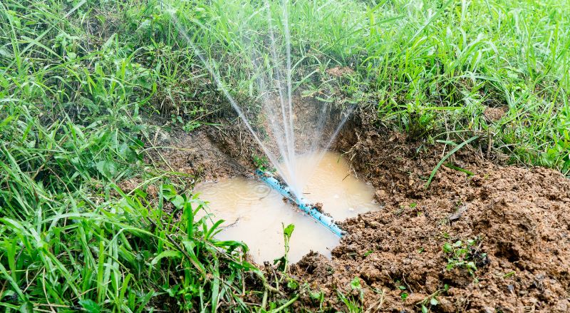 fuite sur un raccordement de tuyau en plastique enterre dans un jardin