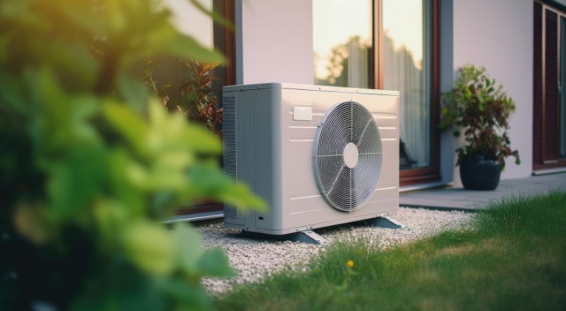 unite exterieure d une pompe a chaleur air air sur une terrasse d une maison d environ 100 m2
