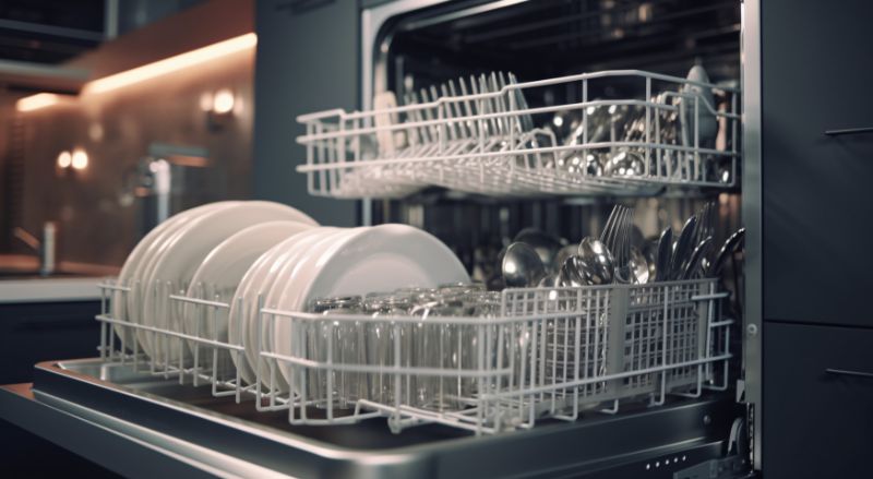 gros plan sur un lave vaisselle ouvert et charge d assiettes blanches dans un interieur moderne