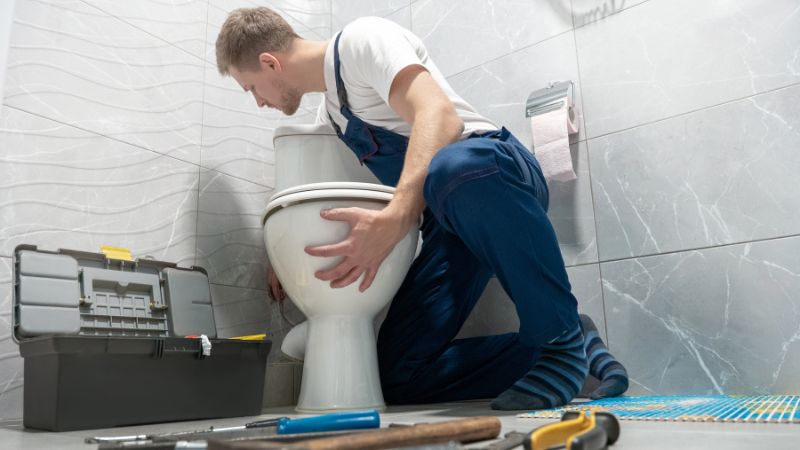 Plombier en train d'installer un WC avec sanibroyeur intégré, illustrant le prix de pose pour cet équipement