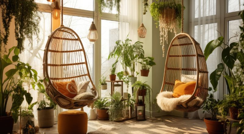 Plusieurs chambre boheme douillette avec porte plantes suspendus en macrame