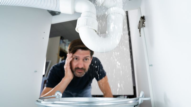 un particulier affole devant une fuite d eau sous pression sur tuyau pvc dans la cuisine