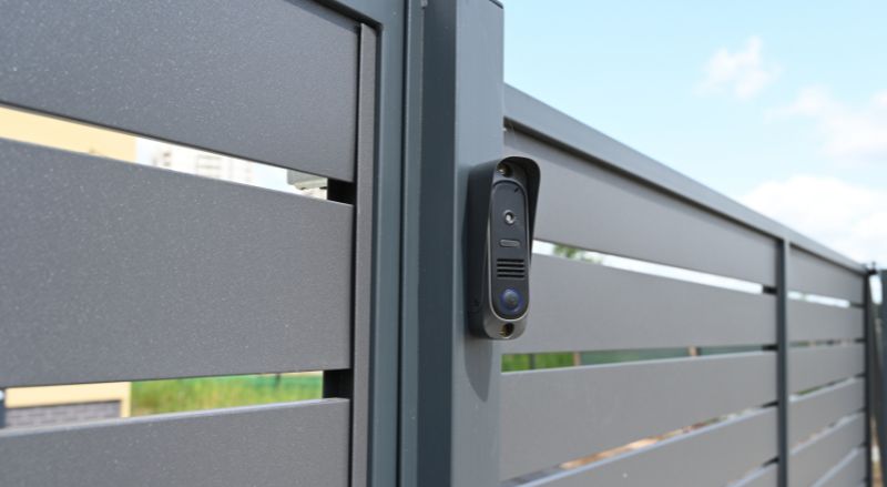 interphone moderne branche sur un portail noir de maison