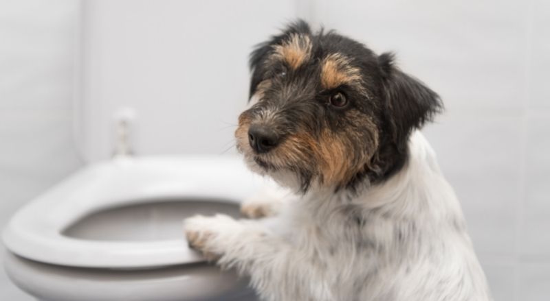 chien devant un abattant de wc neuf