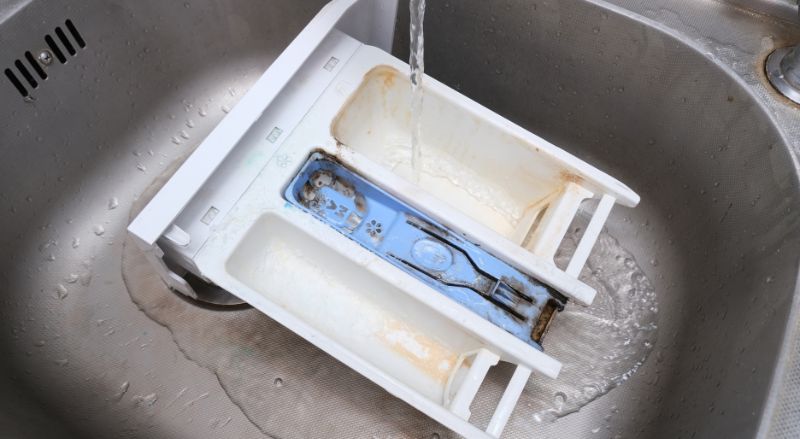 un compartiment a lessive encrasse sous un filet d eau dans un evier