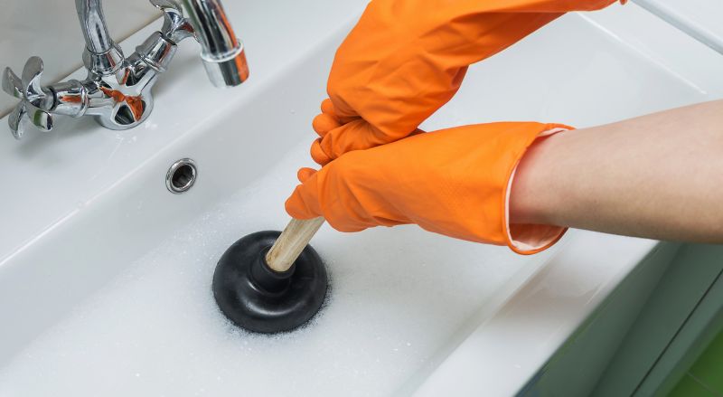 gros plan sur une femme avec gants en caoutchouc oranges utilisant une ventouse pour aspirer un bouchon dans une canalisation de lavabo