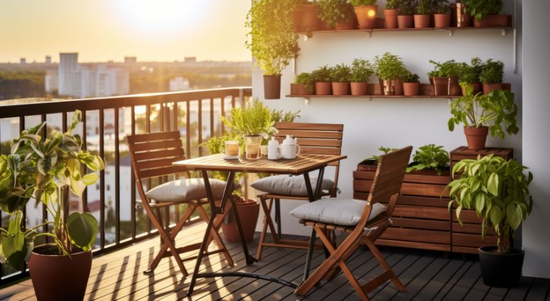 etageres murales avec une serie de pots en terre cuite sur un balcon plein de verdure
