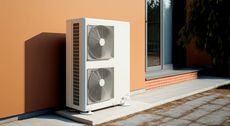 pompe a chaleur unite exterieure dans une habitation aux murs orange