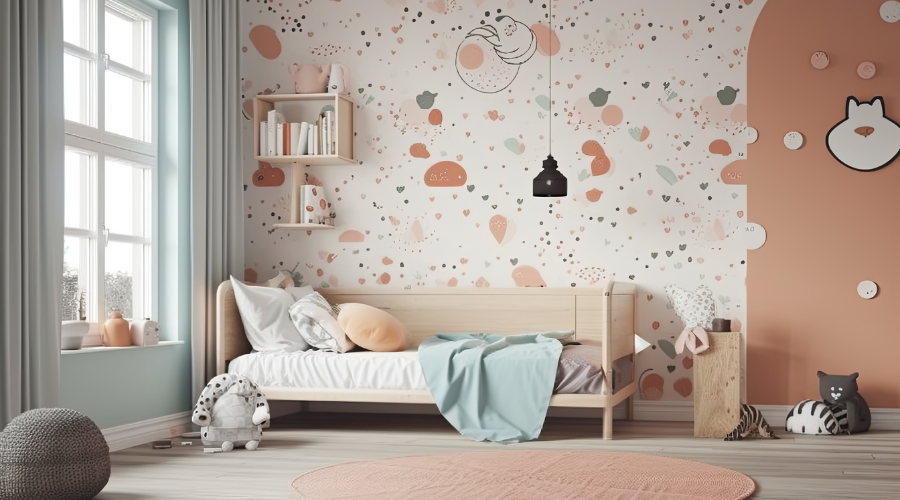chambre d'enfant avec lit en bois blond une tapisserie à motifs corail gris bleu et rose sur fond blanc parquet au sol 