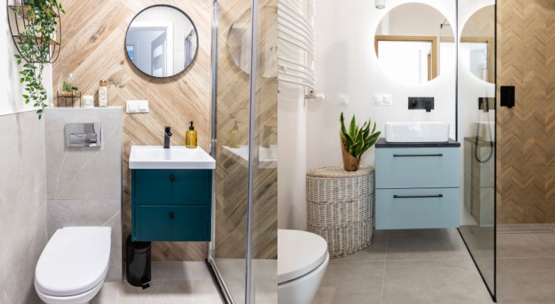 deux petites salles de bain avec carrelage mural effet bois une bonne idee pour apporter de la chaleur a l espace
