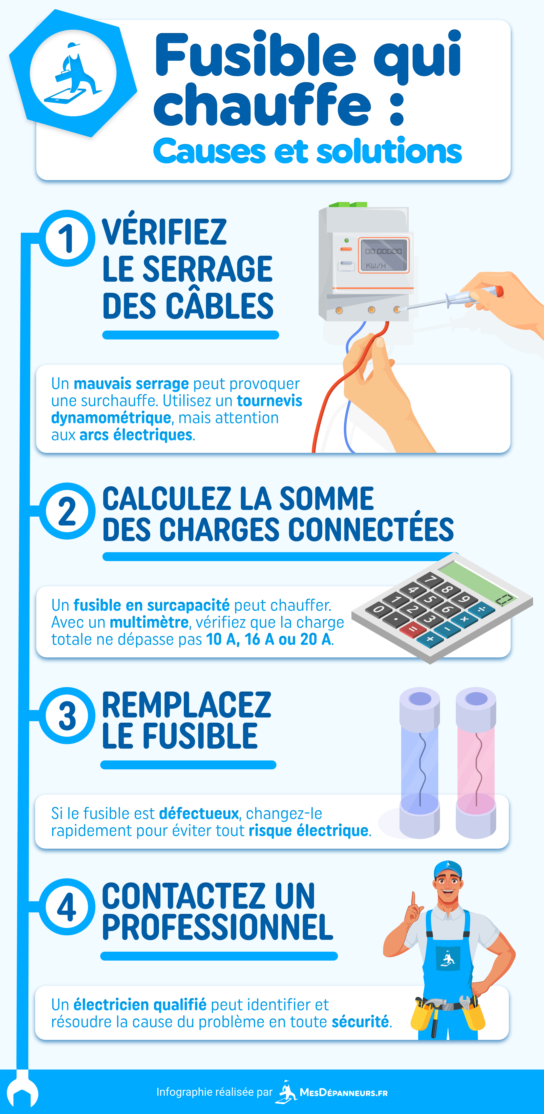 infographie fusible qui chauffe causes solutions mesdespanneurs mesdespanneurs.fr