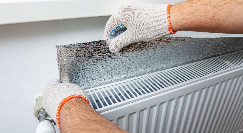 installation d un film de polyethylene ecoenergetique de feuille daluminium isolant thermique sur le mur derriere le radiateur