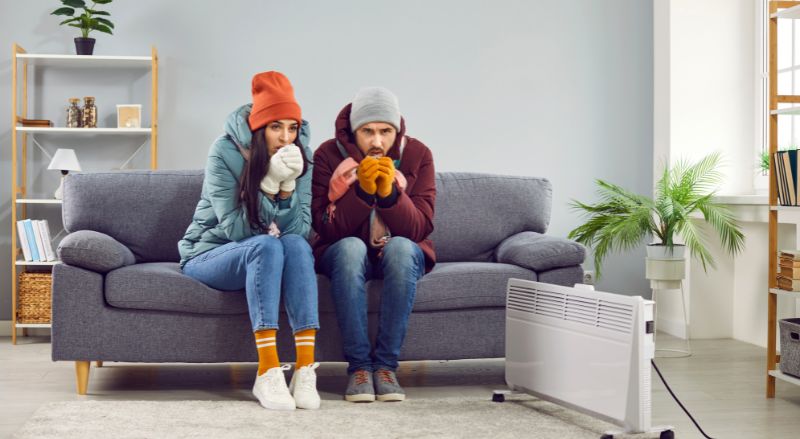 jeune couple de famicouple assis sur un canape dans le salon en manteau et en bonnet a la maison se rechauffant les mains concept de probleme de chauffage
