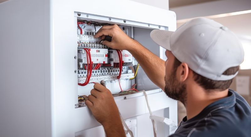 electricien installant un nouveau disjoncteur pour une hotte au niveau du tableau electrique