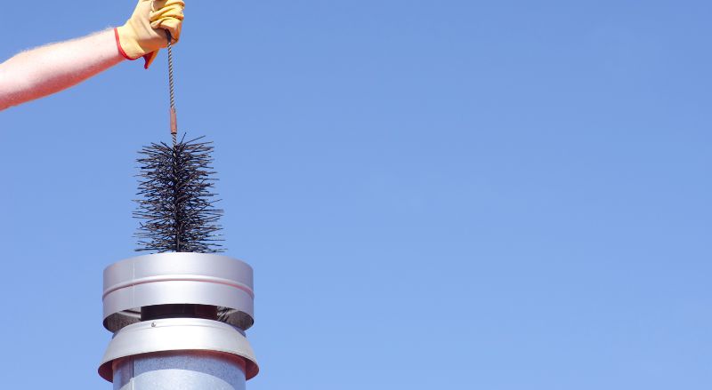 main gantee inserant une brosse de ramonage dans le conduit du poele lors du ramonage par le haut
