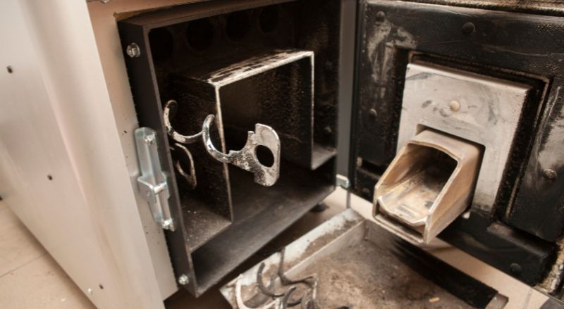 insert de poele a bois ouvert et recuperation des cendres et de la suie en cours