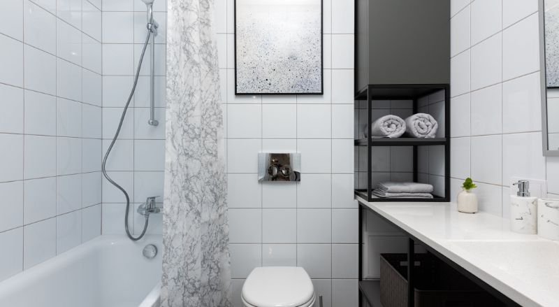 petite salle de bain moderne et epuree avec une baignoire et un une colonne de rangement semi fermee en metal noir