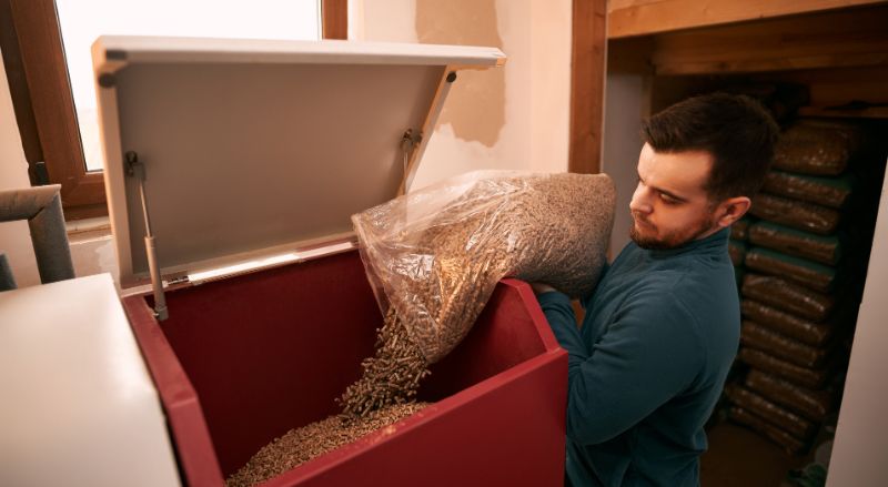 un particulier en train de remplir sa chaudiere biomasse avec des pellets