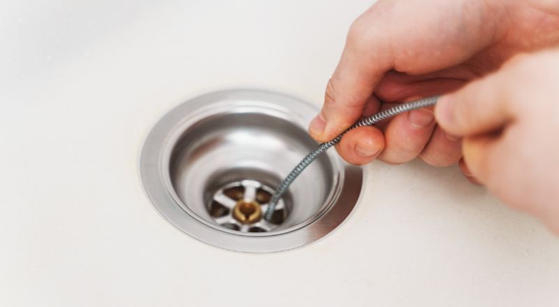 un homme en train de deloger un bouchon dans un lavabo avec un furet de plomberie