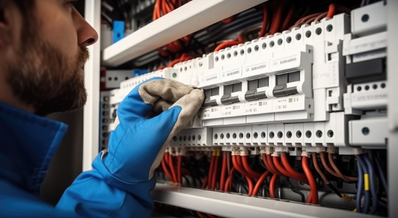 technicien qui vérifie un disjoncteur électrique